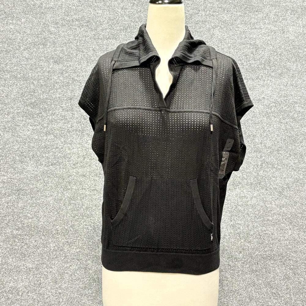 Lauren Ralph Lauren Sweater Womens Small Black Hooded V Neck Open Knit Pullover